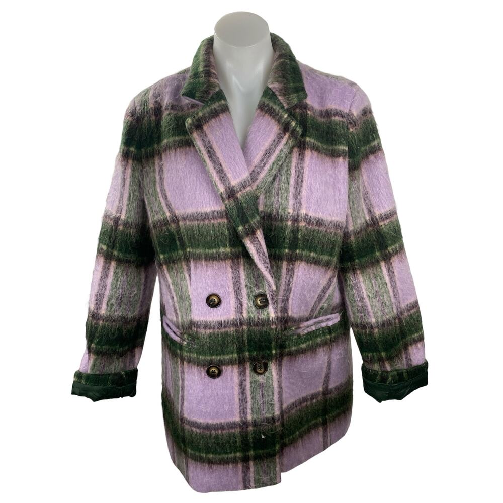 By Malina Women's Multicolor Wool Plaid Check Long Sleeve Pea Coat Jacket Size M